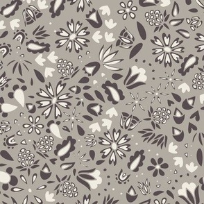 folk floral - cloudy silver_ creamy white_ purple brown - ditsy flowers