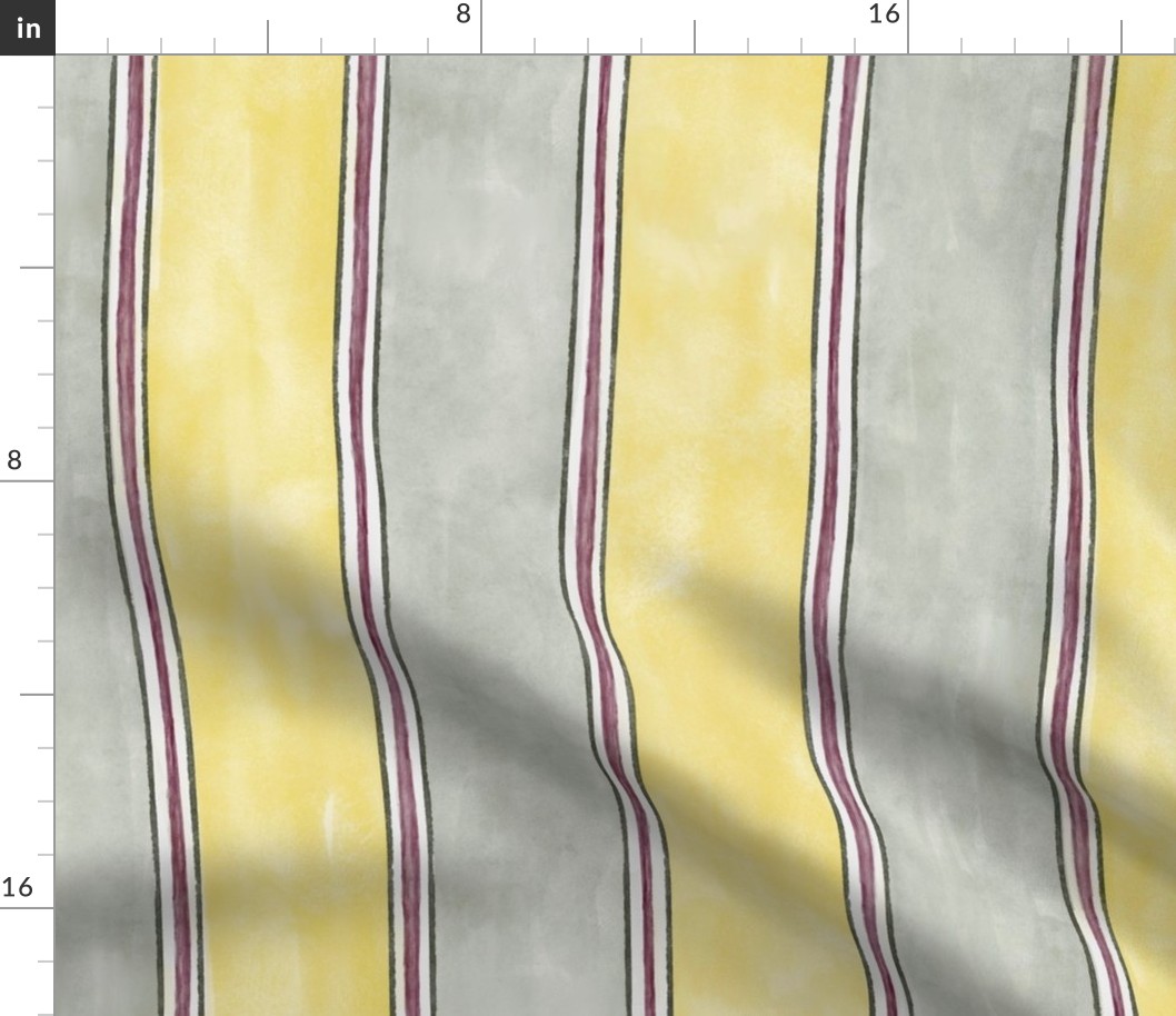 French watercolor stripes in yellow and sage green, large scale