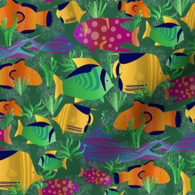 Jewel toned fish / multicolored / medium / green background