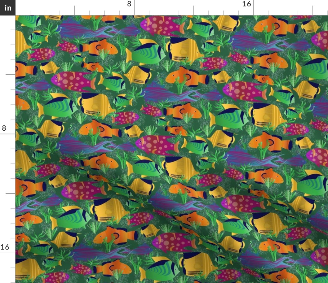 Jewel toned fish / multicolored / medium / green background