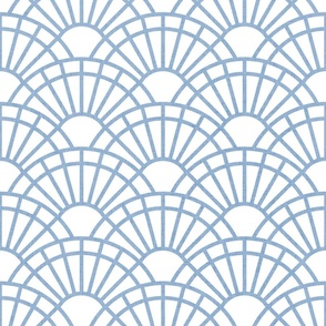 Serene Sunshine- 33 Sky Blue on White- Art Deco Wallpaper- Geometric Minimalist Monochromatic Scalloped Suns- Petal Cotton Solids Coordinate- Medium- Soft Pastel Blue- Light Baby Blue