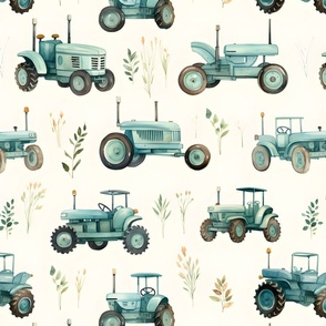 Watercolor Tractors in a Field