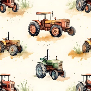 Watercolor Tractors in a Field