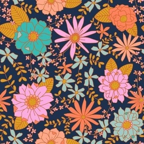 Glowing fall floral - pink, teal, blue and lilac on dark blue