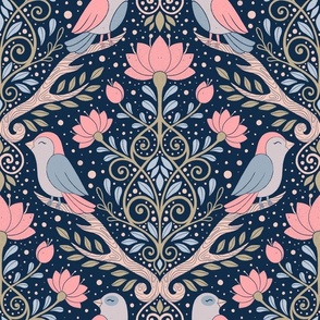  Whimsical garden with birds and floral motifs dark blue background .