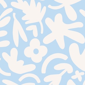 Larger scale neutral jungle cutouts in cream on light sky blue.