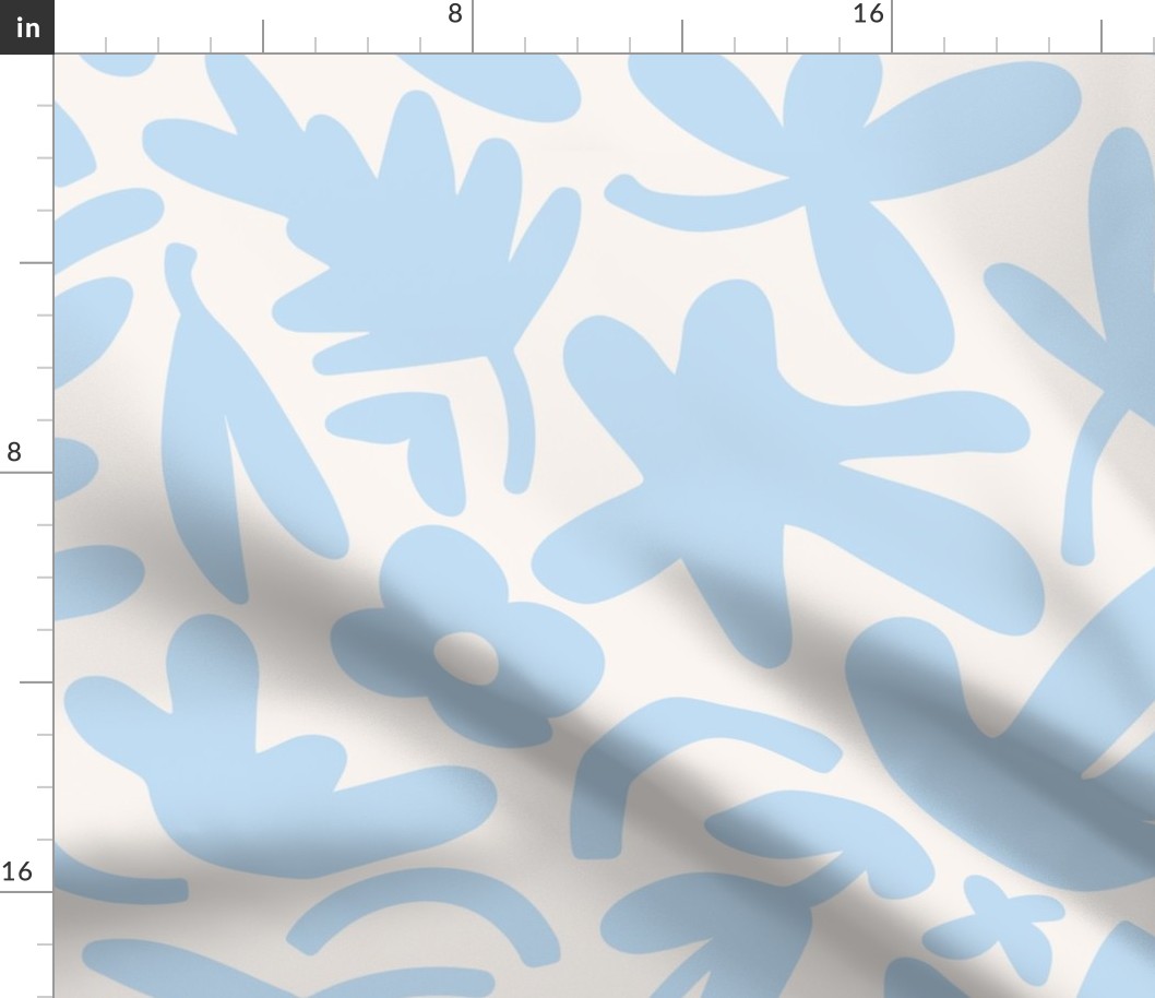 Larger scale neutral jungle cutouts in light sky blue on cream.