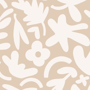 Larger scale neutral jungle cutouts in earthy cream on beige