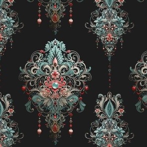 Teal and Red Victorian Damask with Dark Grey Background