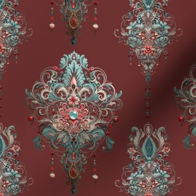 Teal and Red Victorian Damask with Dark Red Background