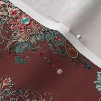 Teal and Red Victorian Damask with Dark Red Background