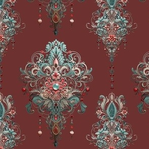 Teal and Red Victorian Damask with Dark Red Background