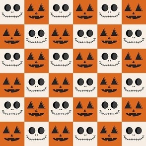 MEDIUM Pumpkin Skeleton Checkerboard fabric - halloween boho neutral design 8in