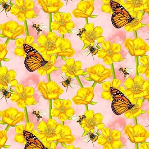 Buttercups Bees and Butterflies on Peach Clouds Medium Scale