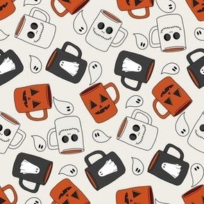 SMALL Halloween Mugs fabric - farmhouse spooky mug design halloween fabric cream 6in