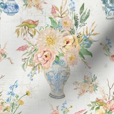 8" Chinoiserie Floral Vases Peony Flower in Off White by Audrey Jeanne