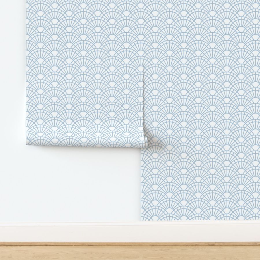 Serene Sunshine- 34 Fog on White- Art Deco Wallpaper- Geometric Minimalist Monochromatic Scalloped Suns- Petal Cotton Solids Coordinate- Medium- Soft Pastel Blue- Light Baby Blue