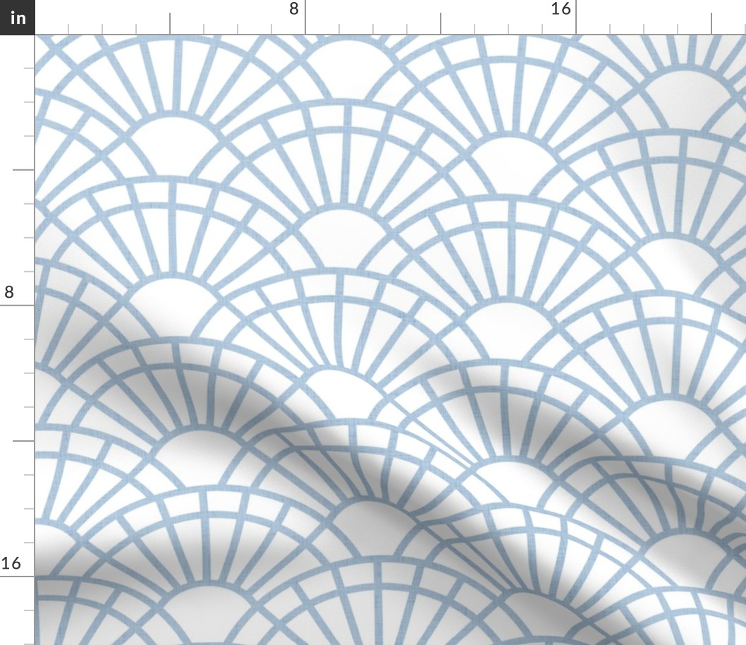 Serene Sunshine- 34 Fog on White- Art Deco Wallpaper- Geometric Minimalist Monochromatic Scalloped Suns- Petal Cotton Solids Coordinate- Medium- Soft Pastel Blue- Light Baby Blue