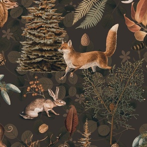 Fall Forest Impression With Wild Animals In Dark Earth Colors Large Scale