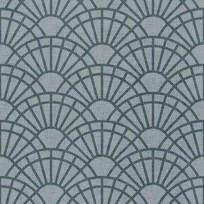 Serene Sunshine- 35 Slate on Gray- Art Deco Wallpaper- Geometric Minimalist Monochromatic Scalloped Suns- Petal Cotton Solids Coordinate- Medium- Gray Blue- Grey Blue- Neutral