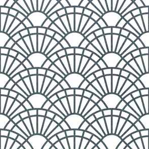 Serene Sunshine- 35 Slate on White- Art Deco Wallpaper- Geometric Minimalist Monochromatic Scalloped Suns- Petal Cotton Solids Coordinate- Medium- Gray Blue- Grey Blue- Neutral