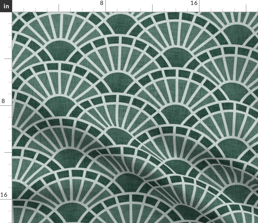 Serene Sunshine- 36 Pine Green- Art Deco Wallpaper- Geometric Minimalist Monochromatic Scalloped Suns- Petal Cotton Solids Coordinate- Medium- Dark Forest Green- Christmas- Neutral