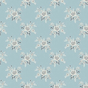 french country petite floral in ivory and dk denim on soft blue