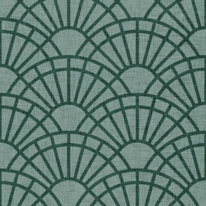 Serene Sunshine- 36 Pine Green on Mint- Art Deco Wallpaper- Geometric Minimalist Monochromatic Scalloped Suns- Petal Cotton Solids Coordinate- Large- Dark Forest Green- Christmas- Neutral