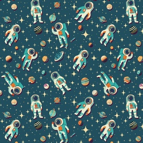 Retro Space Travel - Astronauts in the cosmos in deep blue with planets and stars M