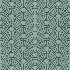 Serene Sunshine- 36 Pine Green on Mint- Art Deco Wallpaper- Geometric Minimalist Monochromatic Scalloped Suns- Petal Cotton Solids Coordinate- Small- Dark Forest Green- Christmas- Neutral