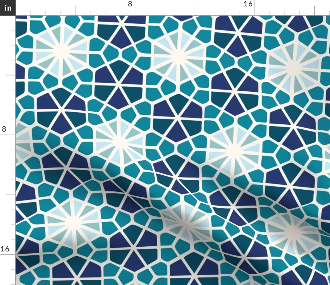 Geometric Hexagon Mosaic Tile Flowers in Blue, Teal and Turquoise (Med/Lge)