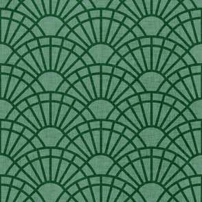 Serene Sunshine- 37 Emerald on Mint- Art Deco Wallpaper- Geometric Minimalist Monochromatic Scalloped Suns- Petal Cotton Solids Coordinate- Medium- Dark Forest Green- Christmas- Neutral