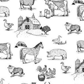 Small Farm  Animal Toile de Jouy, Black on White