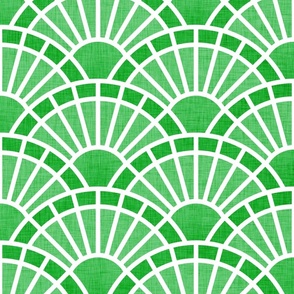 Serene Sunshine- 39 Grass Green- Art Deco Wallpaper- Geometric Minimalist Monochromatic Scalloped Suns- Petal Cotton Solids Coordinate- Large- Bright Kelly Green- Dopamine Christmas