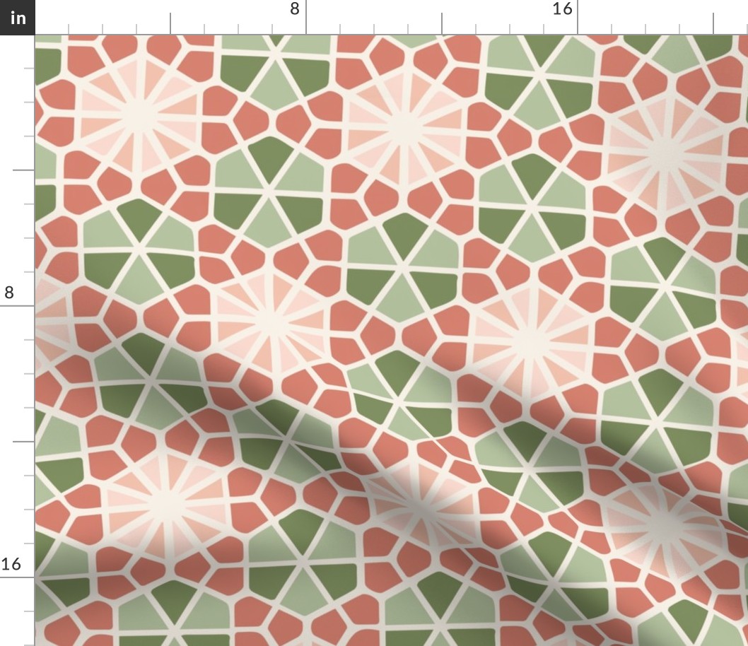 Geometric Hexagon Mosaic Tile  Flowers in Pink and Green (Med/Lge)