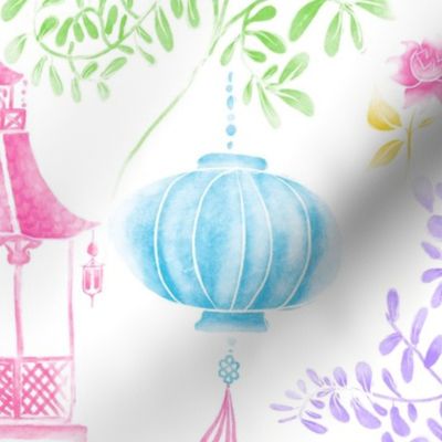 Colorful  Pastel Watercolor Chinoiserie on a White Background