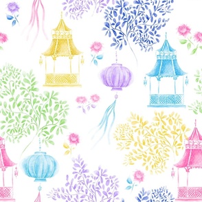 Colorful  Pastel Watercolor Chinoiserie on a White Background