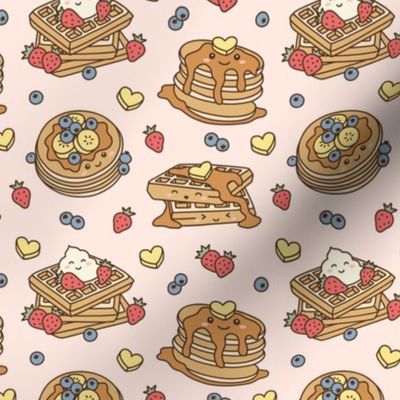 Kawaii Pancake & Waffles: Muted on Pink (Small Scale)