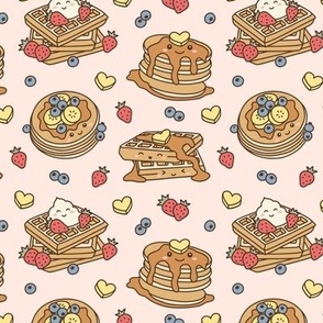 Kawaii Pancake & Waffles: Muted on Pink (Small Scale)