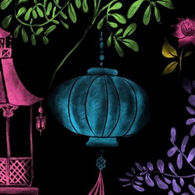 Modern Luminous Watercolor Chinoiserie on a Black Background