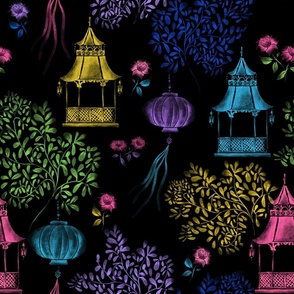 Modern Luminous Watercolor Chinoiserie on a Black Background