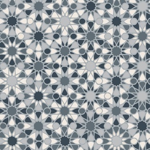 Geometric Moroccan Tile Starburst Stars in Grey, Black and White (Large)