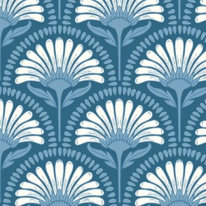 Art Deco Scallop with simple Daisy Floral in French provincial dusky blue and natural white palette large scale