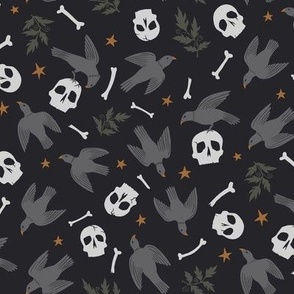 Flying Birds with Bones and Skulls, Dark Halloween Colors