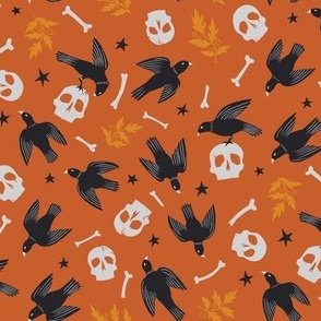 Halloween Black Birds with Skulls and Bones, Orange