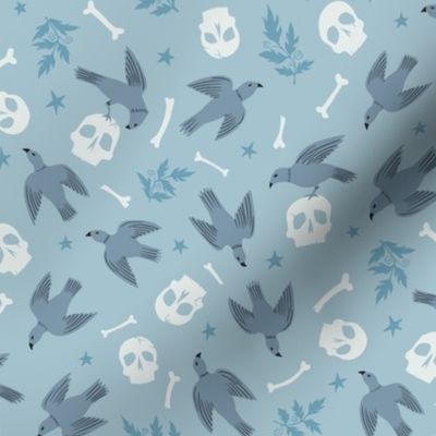 Flying Birds with Bones and Skulls on Baby Blue