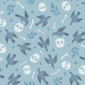 Flying Birds with Bones and Skulls on Baby Blue