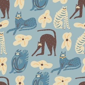 Cats and lilies in pale blue small