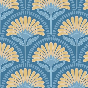 Art Deco Scallop with simple Daisy Floral in rich French provincial blue tones 