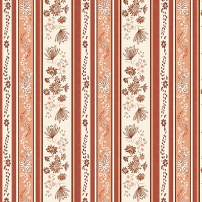 french country floral border stripes in soft brick, apricot peach, ivory, and dark brick